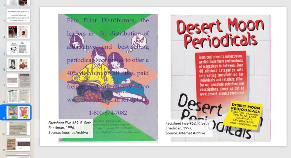 Screenshot of presentation slide featuring advertisements for distributors Fine Print and Desert Moon from issues of Factsheet Five.
