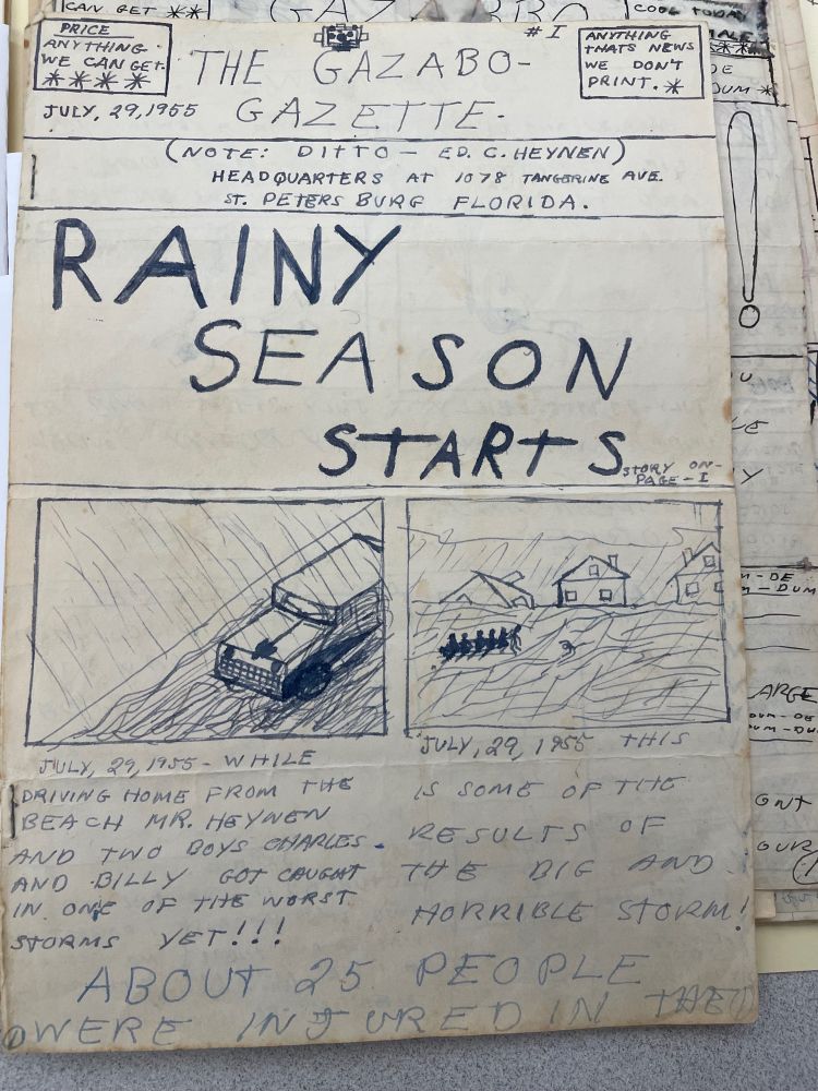 Hand drawn and written newsletter, The Gazabo Gazette, 1955. Headline reads, "Rainy Season Starts." Underneath are illustrations of rainy images.