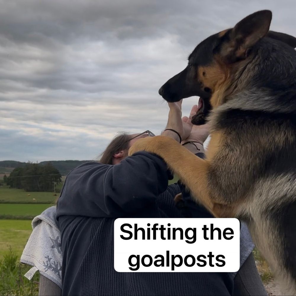 The dog has his arms on top of mine and I’m sinking into the chair, clearly losing the struggle. Overlaid with a text bubble that says shifting the goalposts 