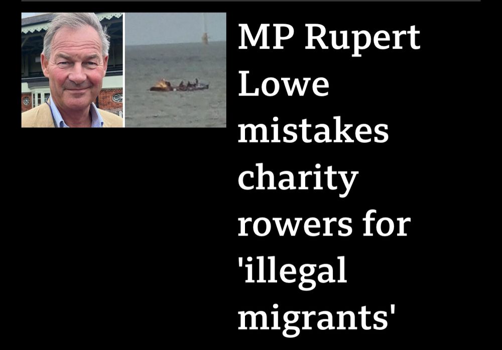 Screenshot of BBC news headline which says MP Rupert Lowe mistakes charity rowers for
'illegal migrants'