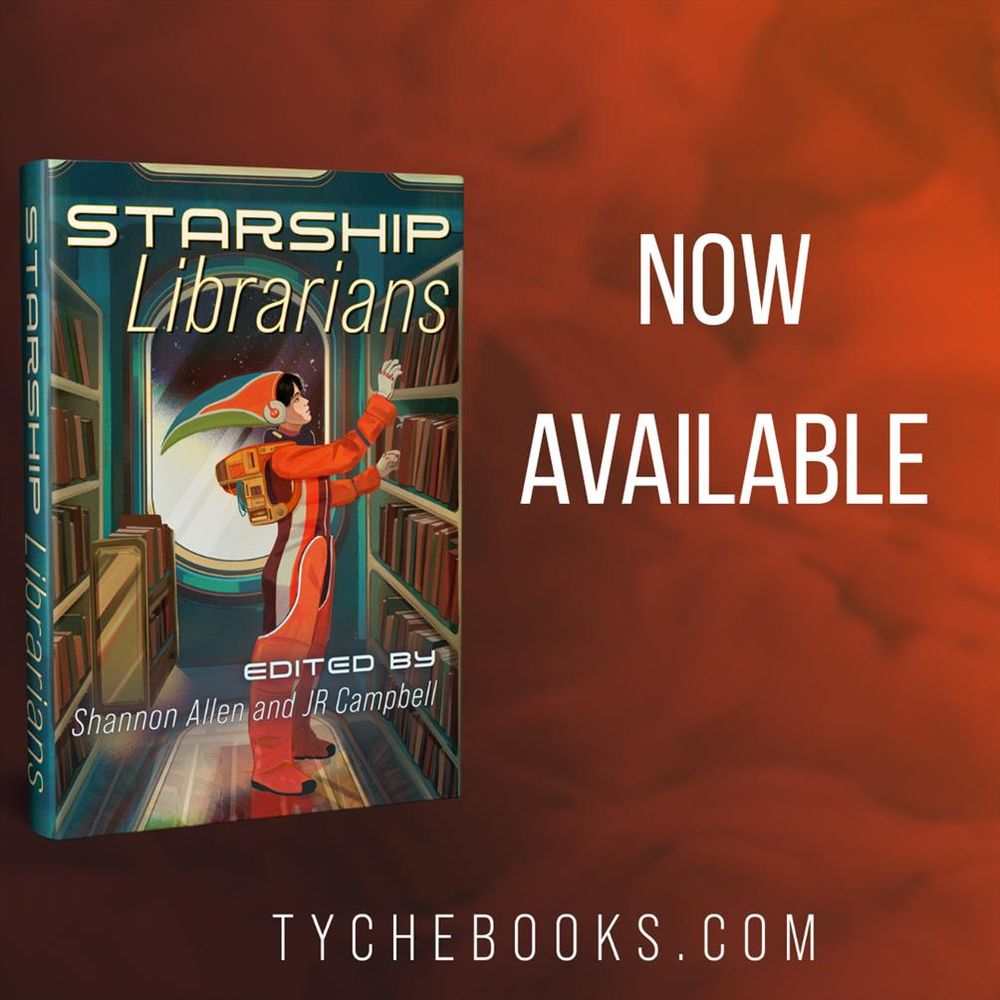 Book promo post. A textured orange-hued background with a book cover overlaid it. The book cover is for Starship Librarians and features a humanoid librarian in a retro-coloured spacesuit of oranges, creams, and teal, shelves books. They are framed by a window looking out onto space. Behind them is a bookcart with thrusters instead of wheels. Additional text says Now Available.