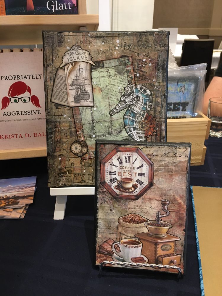 Collage art for sale. One features a steampunk seahorse, and one extols the virtues of coffee.