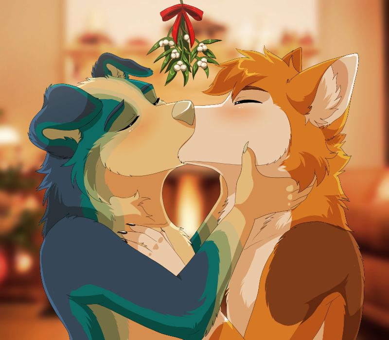 Wuskus and Caine stand below some mistletoe, engaging in the customary kissing ritual - each blushing with their eyes closed and paws on one another.
