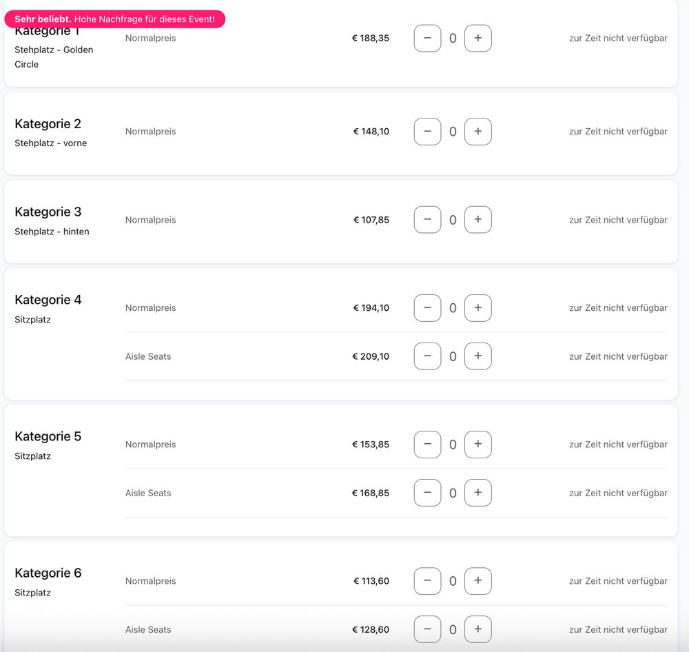 Screenshot vom Ticketsale von System of a Down. Tickets aller Kategorien sind "zur Zeit nicht verfügbar". 