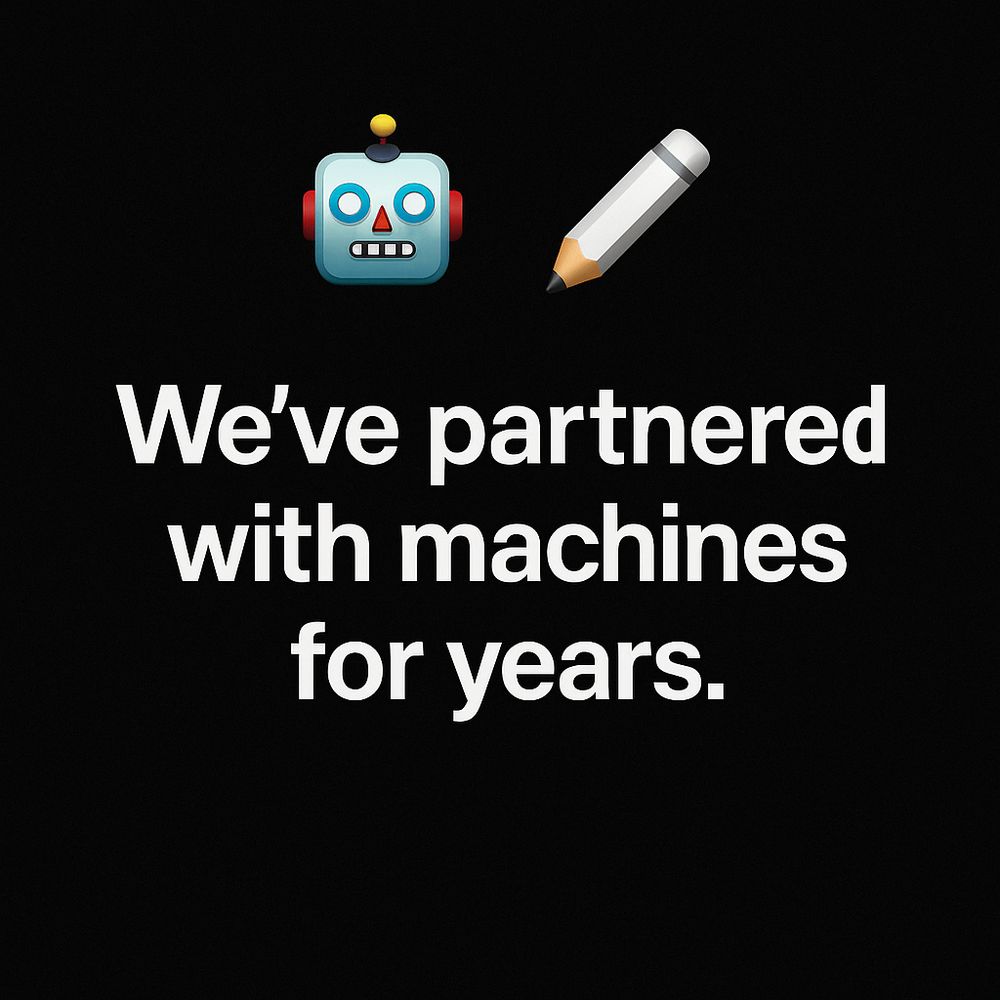icons side‑by‑side, auto‑correct = 🤖, pencil = ✍️ — “We’ve partnered with machines for years.”