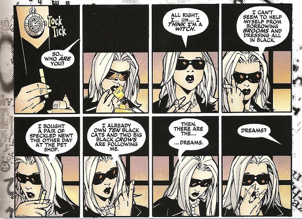 sequência de quadros da minissérie the witching hour, onde uma mulher com cabelos brancos e óculos escuros conversa com o terapeuta enquanto fuma. 