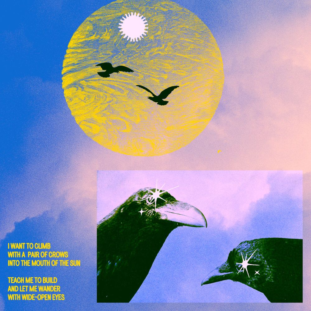 the sun in the crows eyes. but they can still see.

text:
I WANT TO CLIMB
WITH A PAIR OF CROWS
INTO THE MOUTH OF THE SUN

TEACH ME TO BUILD
AND LET ME WANDER
WITH WIDE-OPEN EYES
