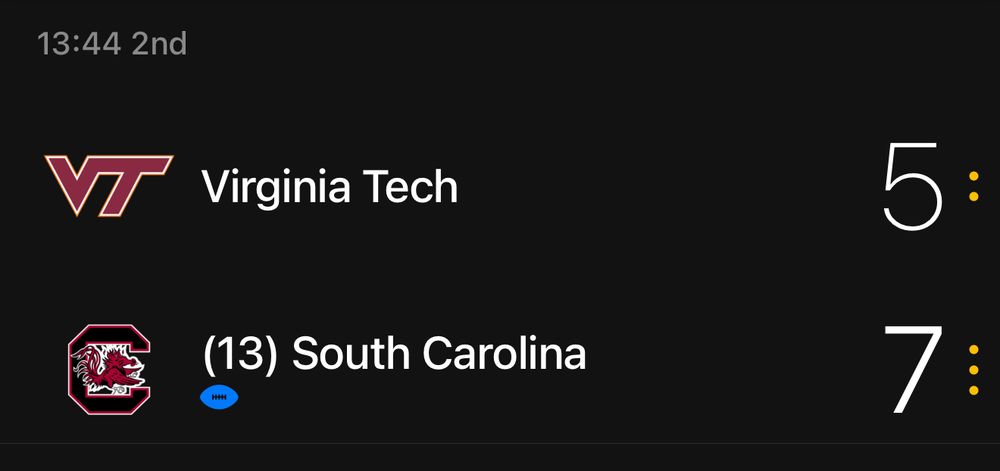 13:44 2nd VT Virginia Tech (13) South Carolina
