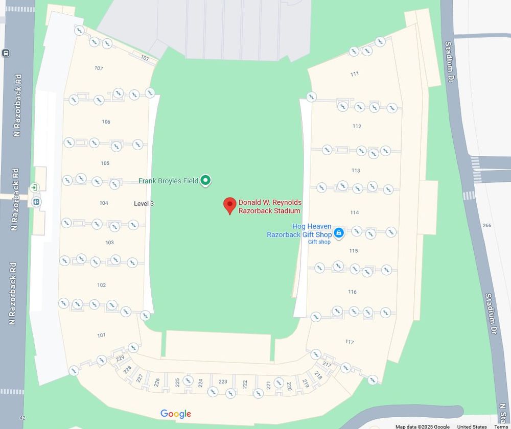 All the stairwells of Razorback stadium marked on Google Maps