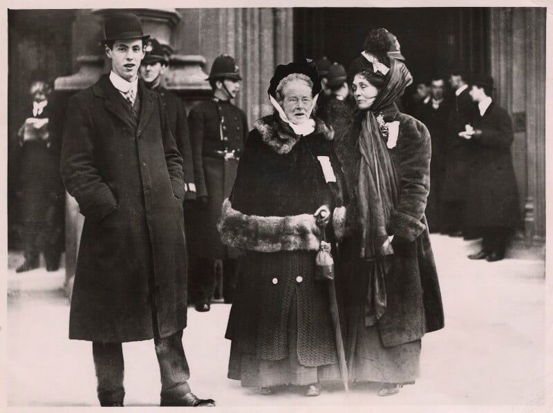 Black and white photo of Elizabeth Garrett Anderson with suffrage campaigner Emmeline Pankhurst. 
By Unknown photographer, bromide press print, 18 November 1910
NPG x32106.
© National Portrait Gallery, London