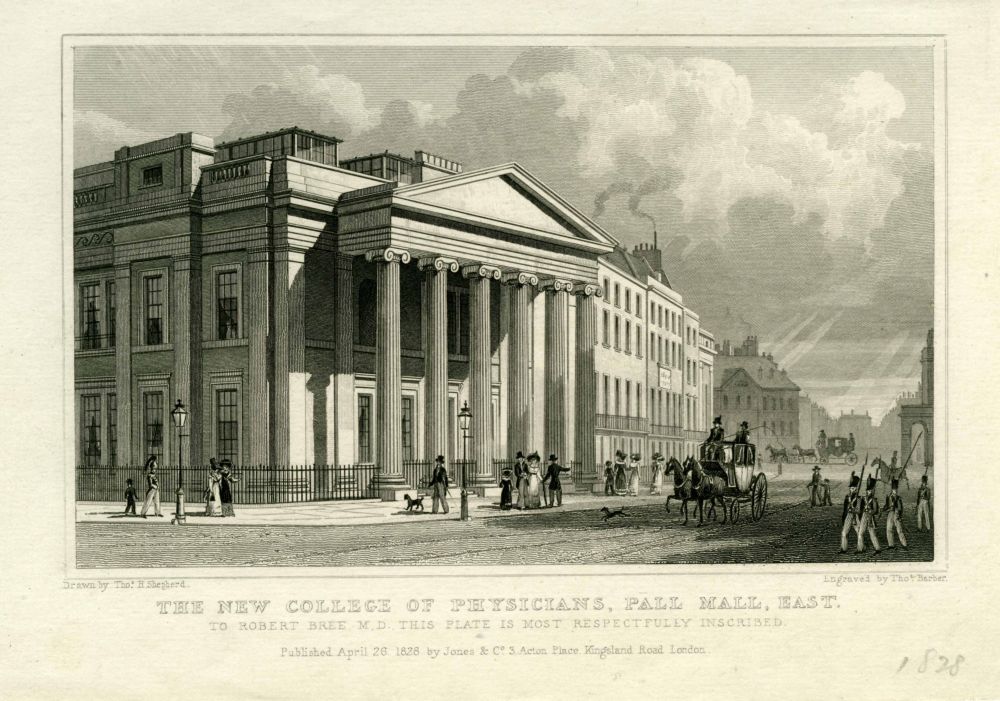 A 19th C engraved print of the building at Pall Mall East. Showing a Georgian style building with sash windows and low roofs. 6 ionic columns hold up the triangular pediment above the entrance. In the street men and woman in 19th century dress, a horse drawn carriage and soldiers can be seen.