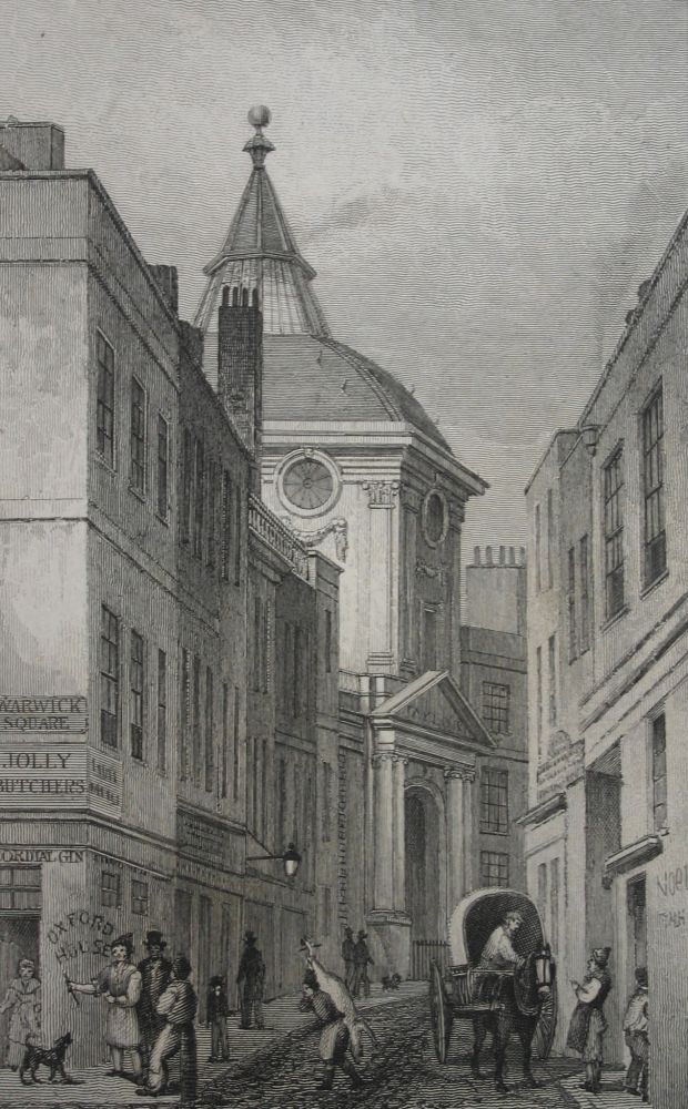 A printed drawing of Warwick Lane showing the dome roofed Cutlerian anatomy theatre, designed by Robert Hooke, at the entrance to the RCP headquarters in the 18th century.