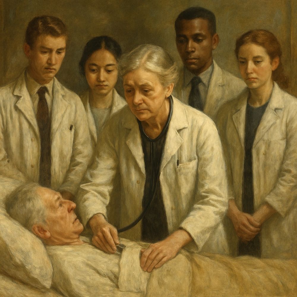 A senior physician examines an elderly patient while four trainees observe. AI-generated image in the style of a painting.