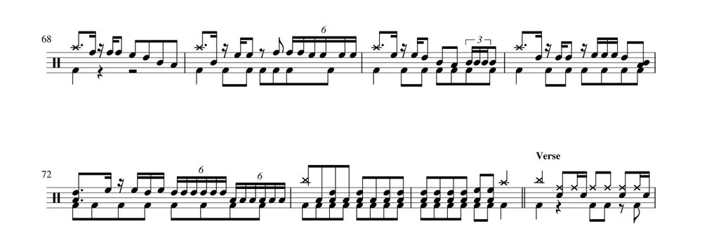 A music chart, showing the bridge in Under Pressure by Queen/David Bowie. It contains many unusual rhythm combinations and multiple sextuplet note sequences