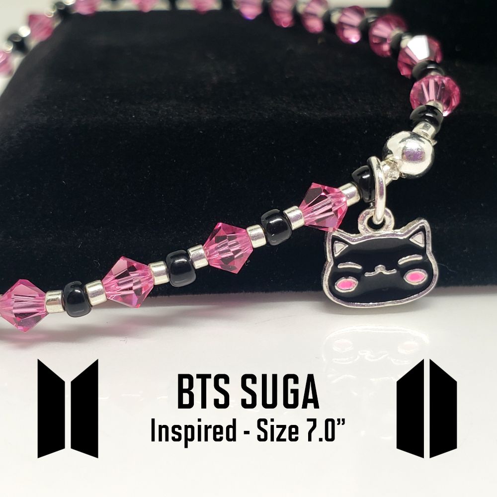 Size 7" SUGA Microphone anc Cat Inspired bracelet. Includes 4mm Swarovski Crystal Bicone Rose beads, Japanese Seed Beads: 8/0 Miyuki Black and 11/0 Galvanized Silver. The cat charm is .925 Sterling silver and enamel coloring. The knot is hidden and protected under a sterling silver crimp bead. My bracelets are all hand-made and I am an ARMY.