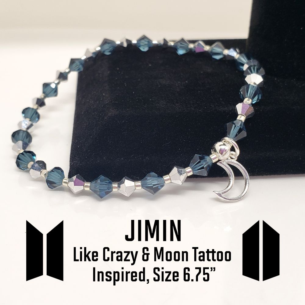 Size 6.75" bracelet inspired by Jimin song, Like Crazy outfit and his Moon Tattoo. Includes 5mm Montana Blue Swarovski Crystal beads, 4mm Chrome Swarovski beads, galvanized silver seed beads and a Sterling Silver Moon charm, jumpring and crimp bead to hide and protect the knot. The crimp bead is Sterling Silver. I am an ARMY and all my bracelets are handmade by me.