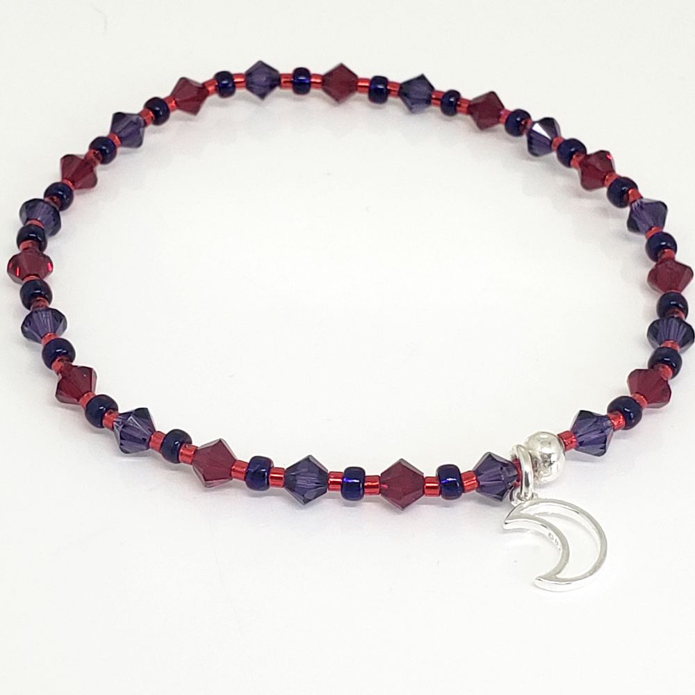 Size 7.0" BTS Jimin Filter Inspired bracelet. Includes 4mm Genuine Bicone Swarovski Crystal Purple Velvet and Scarlet beads. 8/0 Miyuki dyed silver line purple seed beads, 11/0 Delica transparent silver lined red sead beads, and a .925 Sterling Silver moon charm. The knot is potected and hidden by a sterling silver crimp bead. My bracelets are all hand-made and I am an ARMY.