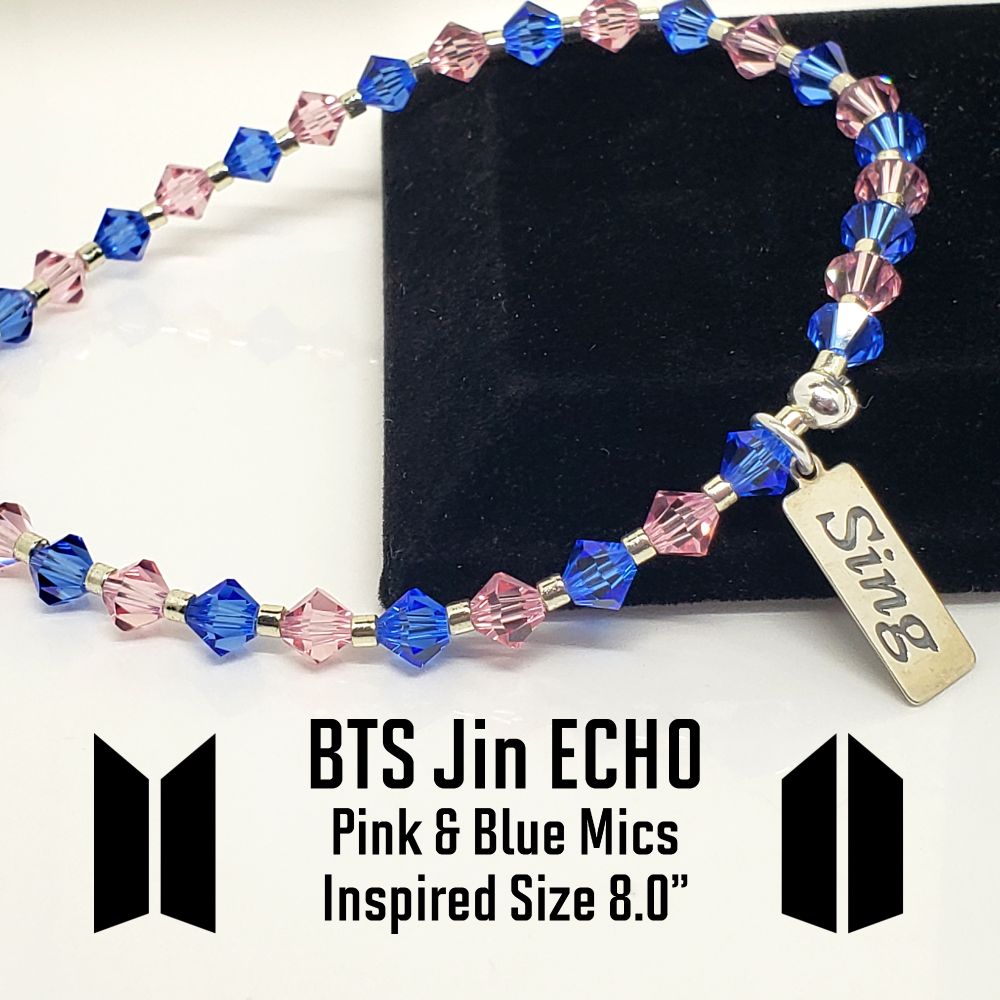 Size 8.0" JIN (Seokjin) Pink and Blue Mics from Tour Inspired bracelet with .925 Sterling Silver SING Charm. Backside of charm says "As though no one can hear you". Includes 6mm Genuine Bicone Swarovski Crystal Light Rose and Sapphire beads and galvanized silver seed beads. Sterling silver crimp bead to hide and protect the knot. My bracelets are all hand-made and I am an ARMY. 