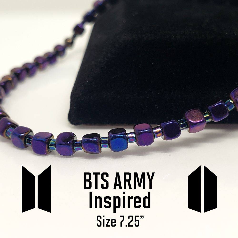 Size 7.25" stretch bracelet inspired by BTS and ARMY. Includes 3mm polished purple cube hematite stone beads, 11/0 Japanese Delica Opaque Rainbow Black seed beads. The crimp bead is gun metal plated to hide and protect the knot. I am an ARMY and all my bracelets are handmade by me. Please tell me your bias so I can include a surprise!
