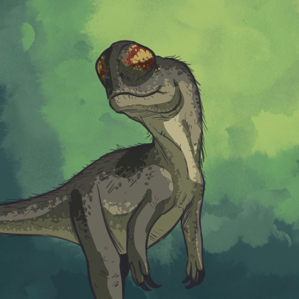 A digital drawing of a Monolophosaurus with inflated, colorful nasal sacks.
