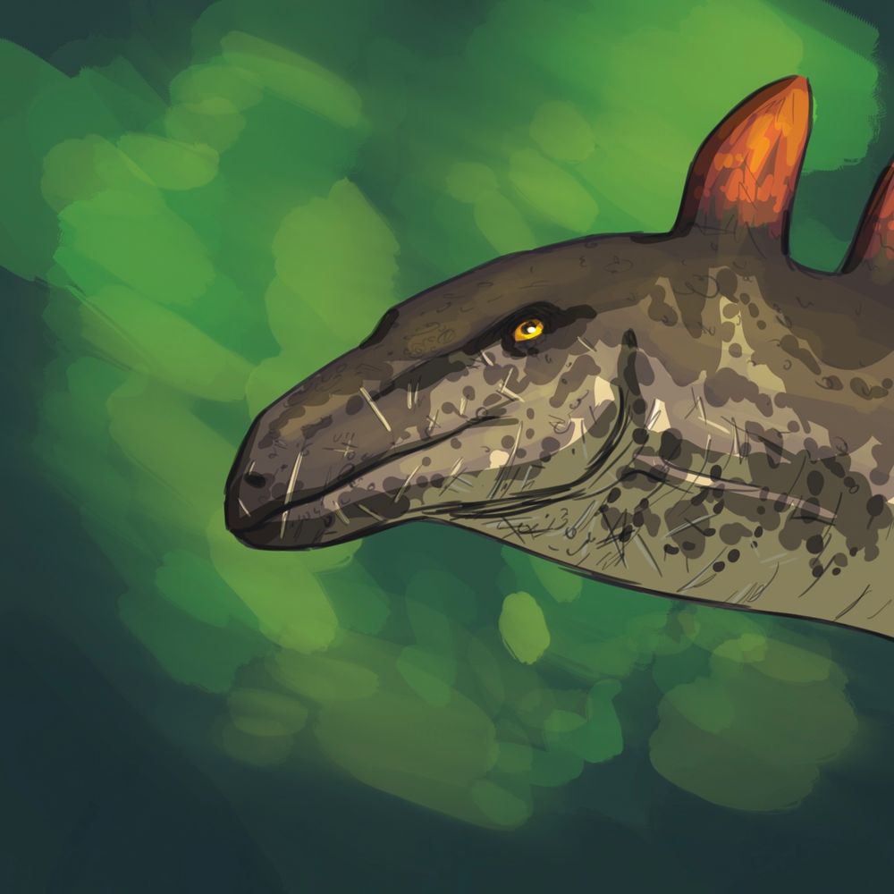 A digital portrait of a Stegosaurus. It’s face is covered in speculative scars from the sharp plants it eats.