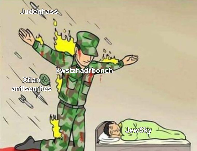 soldier protecting sleeping child meme. kswtzhaderbonch.bsky.social is the soldier protecting JewSky from Judenhass and Xtian antisemites