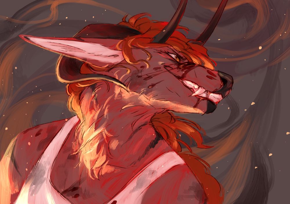 digital drawing of natalie, a dragon anthro wearing a white tank top, snarling and smiling. she's bleeding a bit and smoke swirls around her