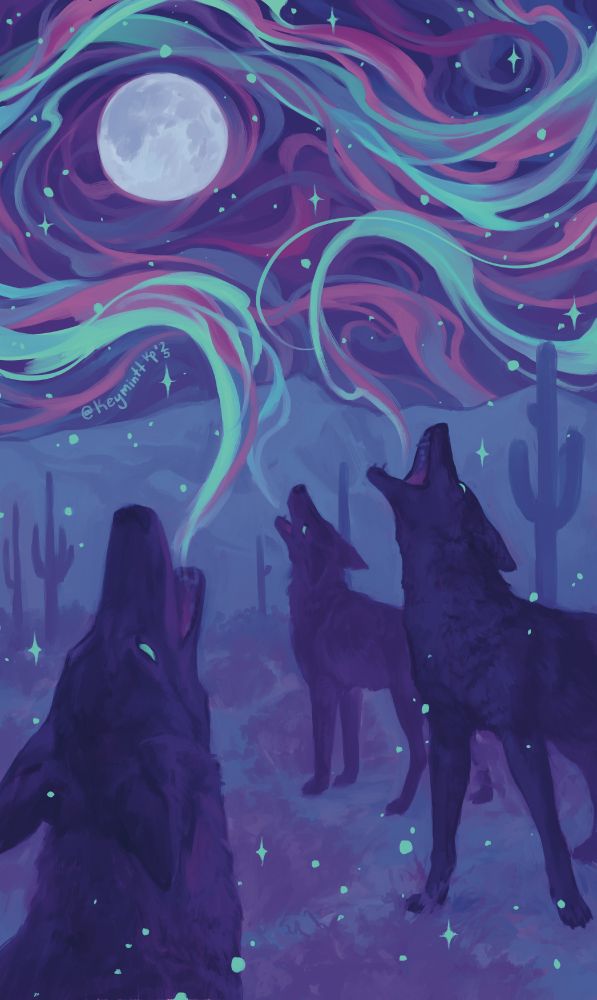 digital illustration of three mostly-silhouetted coyotes howling together against the backdrop of the sonoran desert at night. swirling shapes emerge from their mouths like smoke and fill the night sky. the entire piece is in shades of purple, blue, and seafoam green.