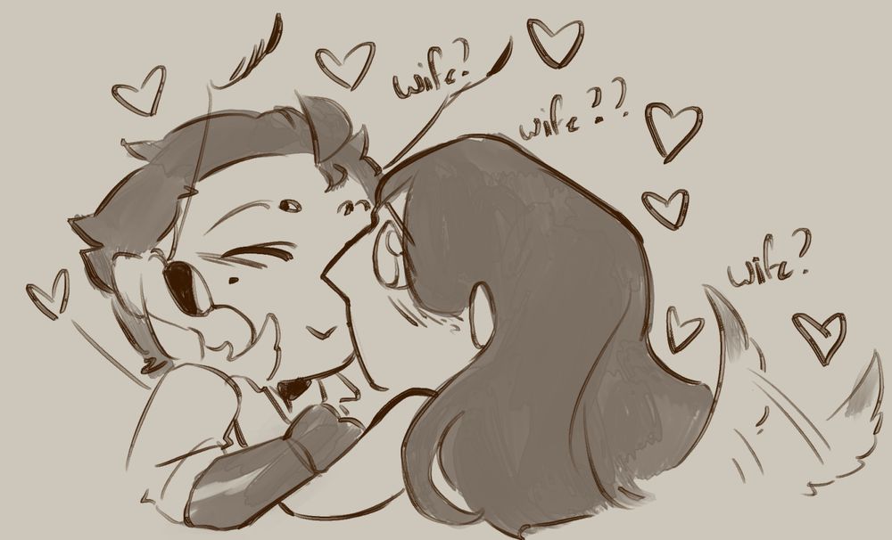squishy little drawing of grimm and yarrow. grimm looks at yarrow with soggy little eyes while saying "wife? wife?? wife?" while yarrow smiles. little hearts float around them. gayasses