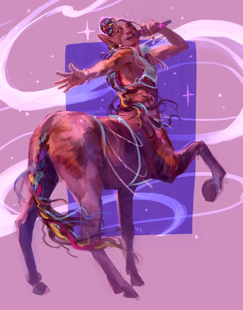 digital painting of zorella, an edm centaur pop star, singing enthusiastically. she's wearing colorful rave gear and has ribbons woven into her hair, which is styled into a topknot with braids.