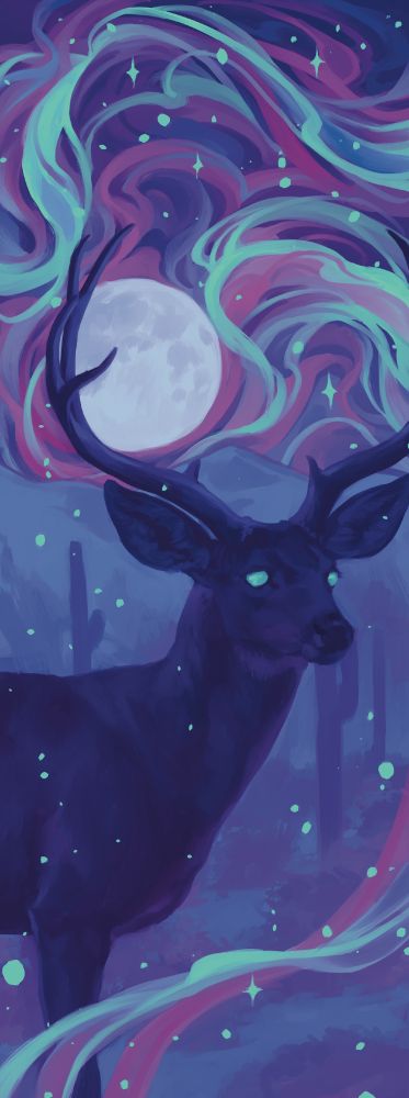 digital illustration of a mostly-silhouetted mule deer against the backdrop of the sonoran desert at night. swirling shapes fill the night sky and the entire piece is in shades of purple, blue, and seafoam green. the moon is overlapped by the deer's antler, almost giving it the appearance of a waxing gibbous