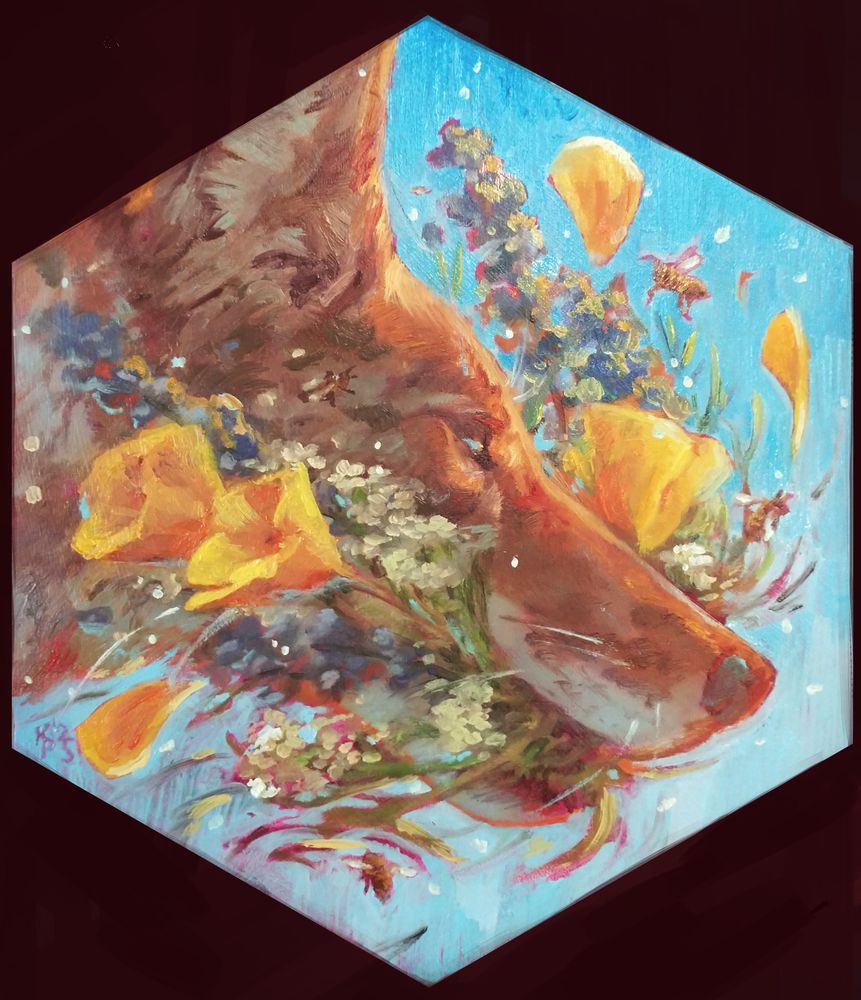 an oil painting of a coyote in profile against a blue sky. it holds a bouquet of california poppies, coulter's lupine, and yarrow in its mouth while honeybees buzz around it. the colors are all bright and saturated