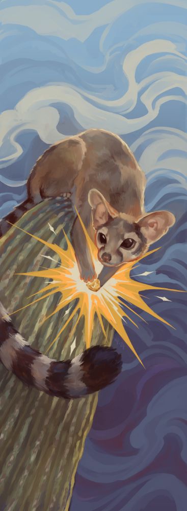 digital illustration a ringtail (bassariscus astutus) holding a chunk of gold atop a saguaro cactus and against a backdrop of the sky. the gold shines with bursts of light and the clouds are swirling in the sky; everything else is rendered semi-realistically