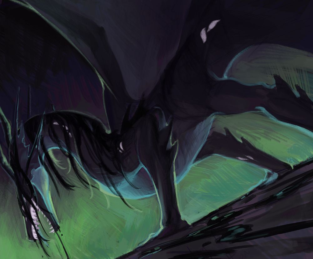 digital painting of aberration, a monstrous black dragon with multiple limbs, from a bottom-up perspective. it heaves black ichor from its mouth and is lit from below with a blue-green light