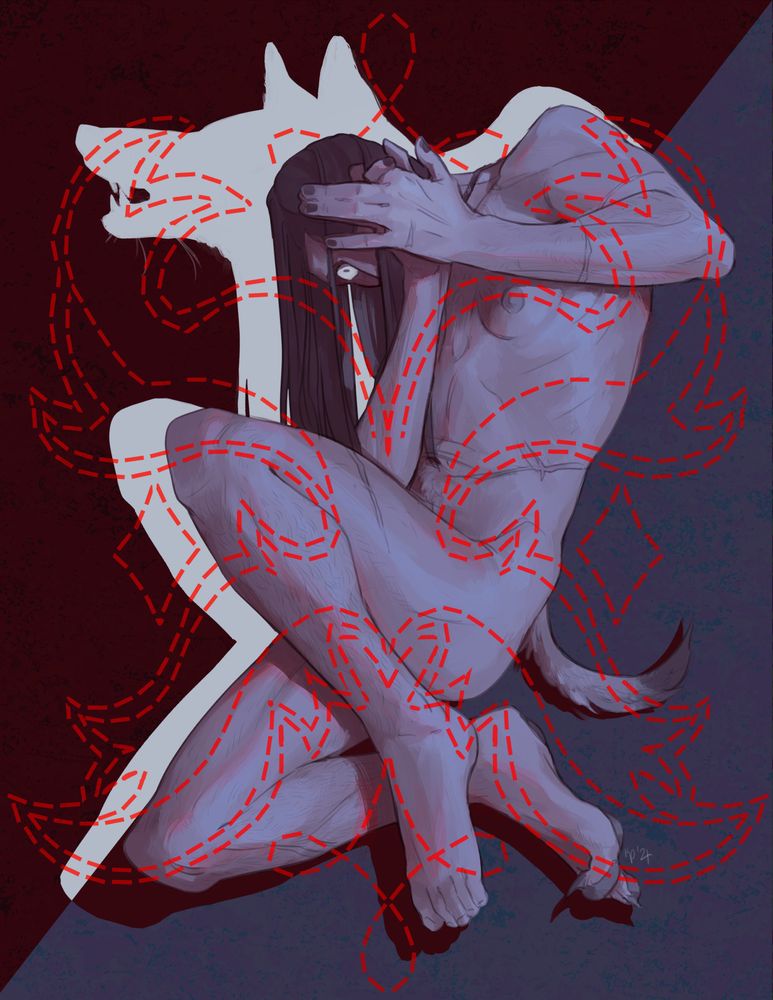 digital illustration of my oc, grimm (they/it)rendered in blue, purple, and red tones. they are naked and curled into a semi-fetal position with both hands covering their face. grimm is human with coyote mutations and has fur, a semi-clawed right foot, and a small tail. its hands are are making the shape to cast a dog shadow puppet and its eye can be seen, bright and glaring, from the shadows. their silhouette can be seen behind them and instead of a human head, it is that of a coyote, cast by their hand shadow. the entire illustration is overlaid with a symmetrical embroidery pattern resembling that of a cowboy boot