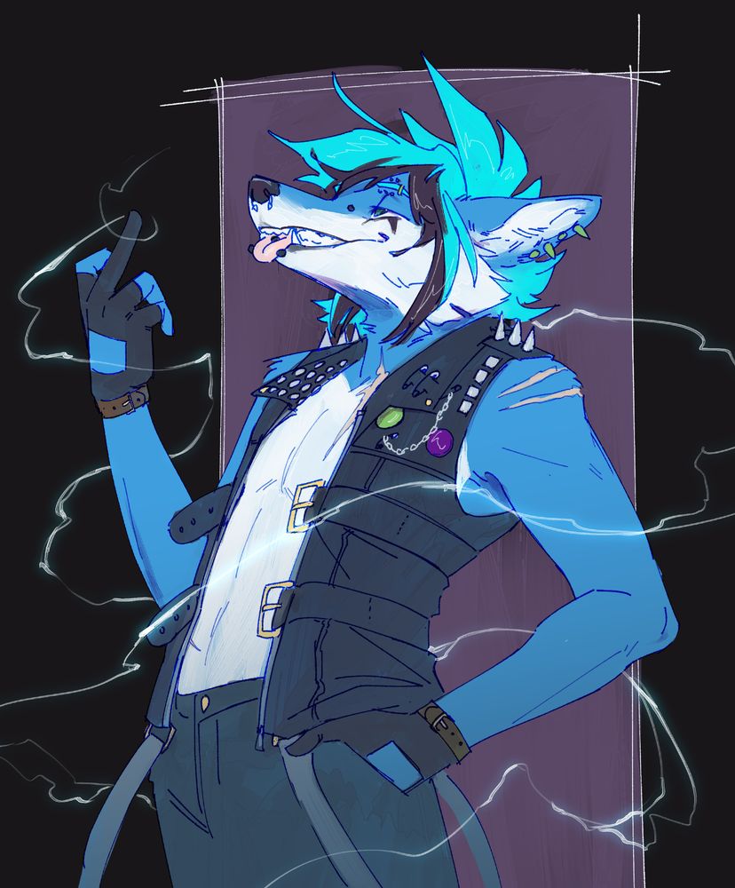 digital drawing of lighting, a fox anthro with a neon blue/cyan color scheme wearing punk clothing, flipping off somebody and sticking out his tongue. lighting crackles around him