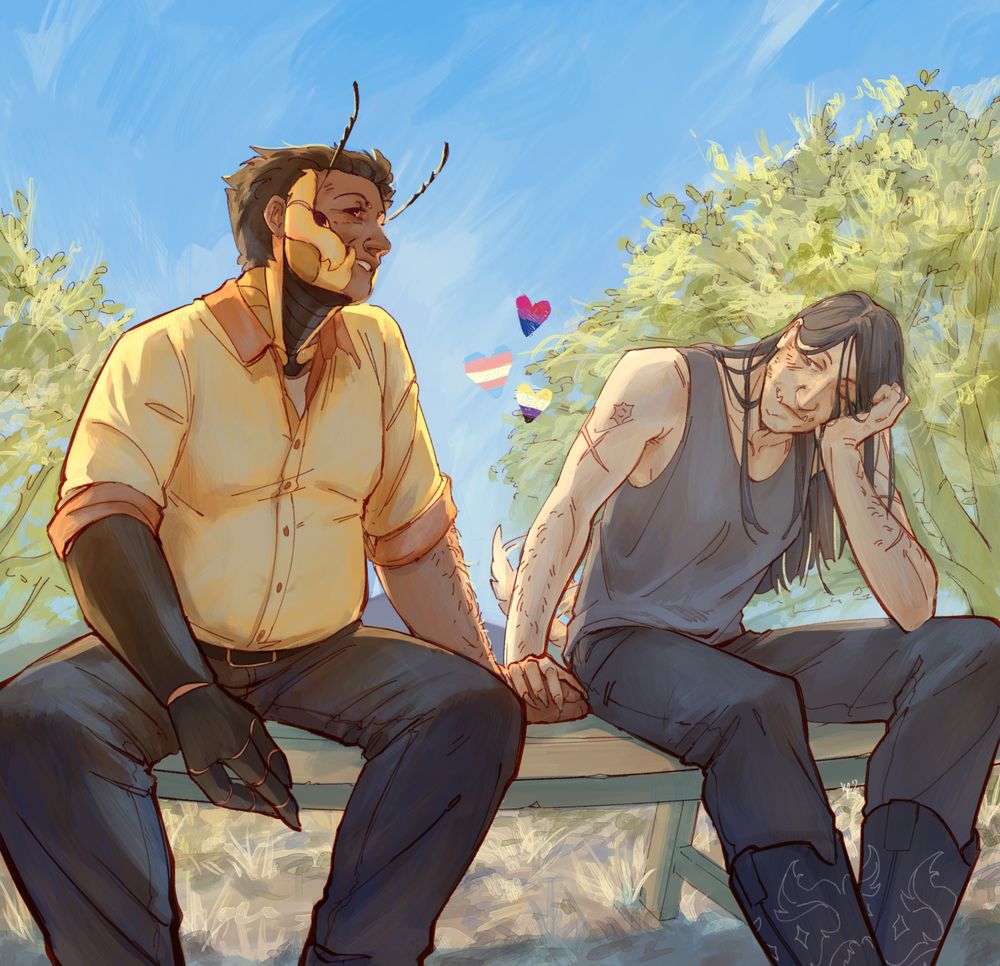 digital illustration of my ocs yarrow (he/they) and grimm (they/it) sitting on a bench in a sonoran desert-type setting and holding hands. yarrow's sitting more upright and looking over at grimm who has its head resting on its hand while it looks lovingly over at yarrow. both are mutated humans; grimm looks almost entirely human but has some fur growing on their face, clawed hands, and a tail (that's wagging) meanwhile yarrow has beelike features including mandibles, antennae, extra eyes, and asymmetrical carapace on their body, including their entire right arm. three small hearts with the bisexual, trans, and nonbinary pride flags float between them. there's also a slight fish-eye perspective on the piece but idk how well i executed it tbh