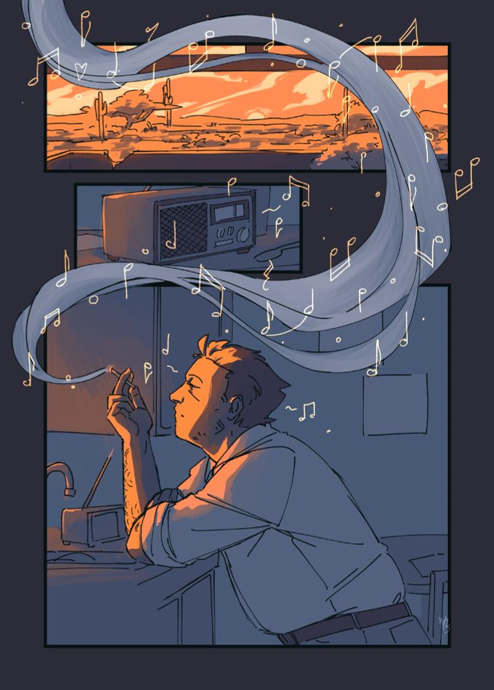 second page of digital comic featuring my oc, yarrow (he/they) done entirely in blue and orange tones. the same smoke-like swirl carries music notes throughout this page as well. first panel:the view of the desert cast in orange light as seen from yarrow's window. second panel: the radio, once more. third panel: yarrow leans over their counter, smoking and still humming along while looking out the window, melancholic but not miserable. the orange light falls on him and the music-smoke-swirl concludes at his cigarette.