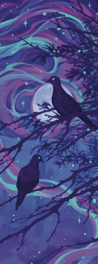 digital illustration of some mostly-silhouetted mourning doves perched on a mesquite tree against the backdrop of the sonoran desert at night. swirling shapes fill the night sky and the entire piece is in shades of purple, blue, and seafoam green. the moon is overlapped by the uppermost dove, almost giving it the appearance of a waning crescent