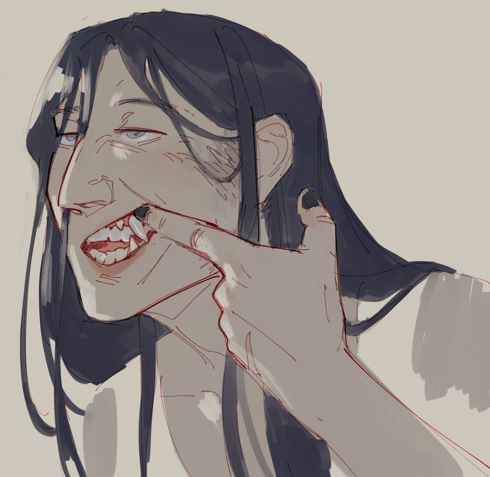 digital drawing of grimm peeling back its upper lip to reveal its bonus coyote incisors and canines