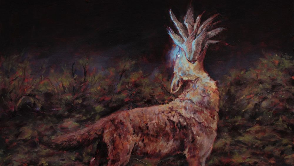 an oil painting of a coyote in the desert at night. it throws its head back as if to howl, but instead wings erupt from its mouth. it's eye glows and eerie blue