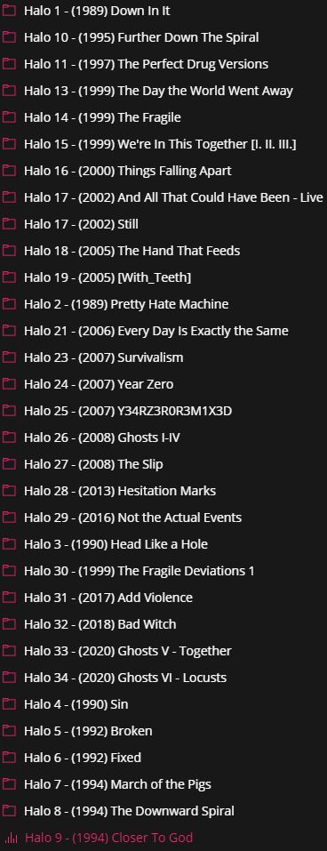 A screenshot from a desktop media player showing an order of albums in lexicographic order, such as Halo 1, Halo 10, Halo 11, [...], Halo 19, Halo 2, etc.