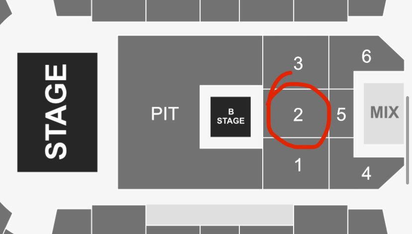 A screenshot of a concert arena seating map. A large rectangle on the left is labeled “MAIN STAGE”. A square in the middle is labeled “B STAGE” and to the right of it is a highlighted section. 