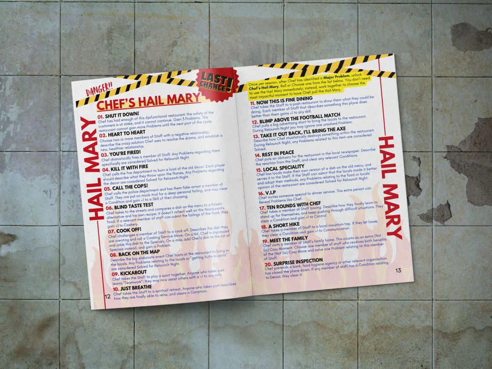 Mockup of Serving Up Disaster open to the double spread of Chef's Hail Mary