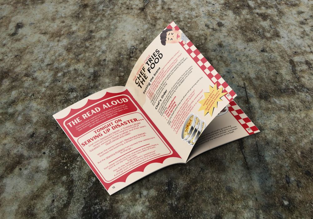 A mock up of Serving Up Disasters open to a double spread of the read aloud and chef tries the food
