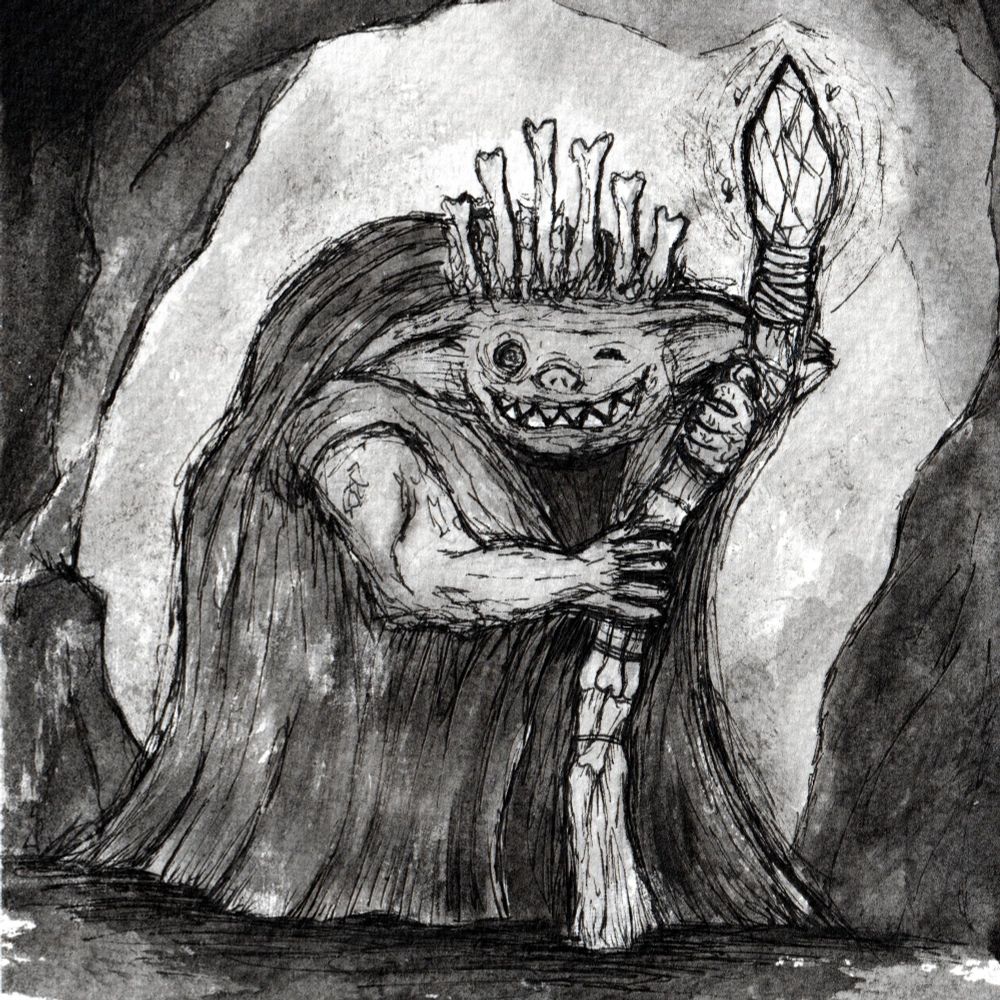 Black and white ink drawing of goblin wizard