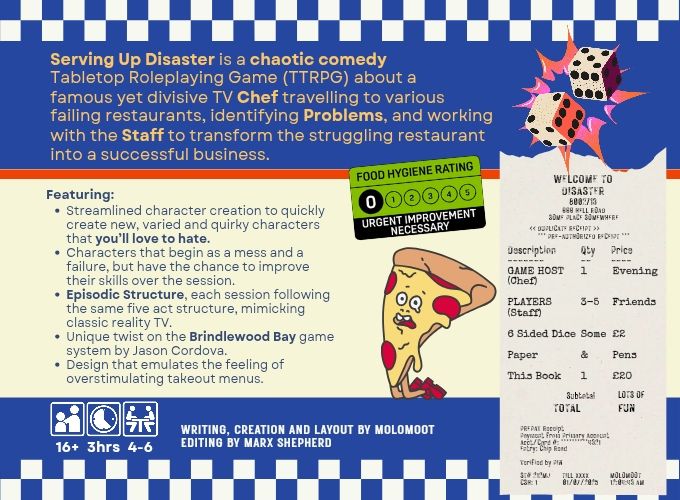 Serving Up Disaster promo image with game description & features. Also a cartoon pizza on its knees