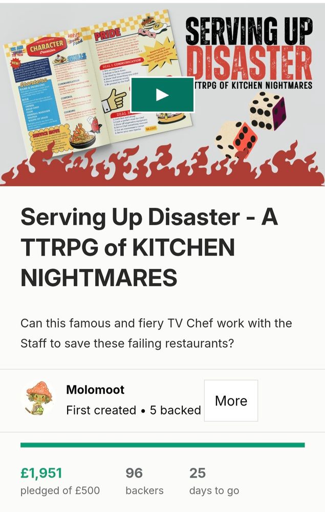 Screenshot of Serving Up Disaster ks page showing £1951 raised and 96 backers