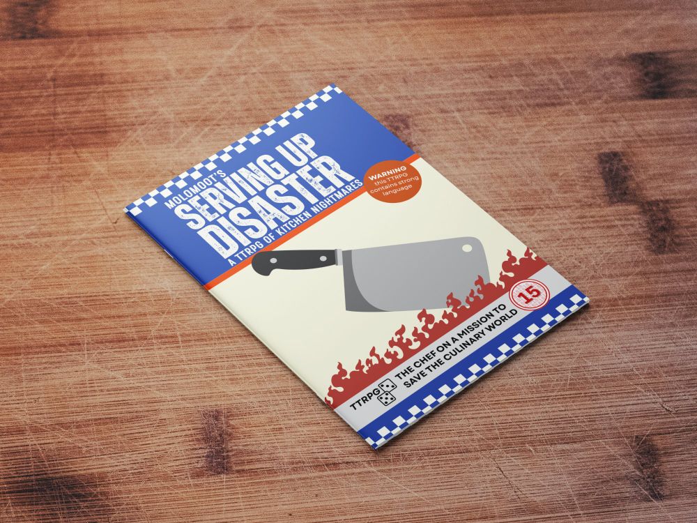 Mockup of front cover of Serving Up Disaster on a scratched wooden table