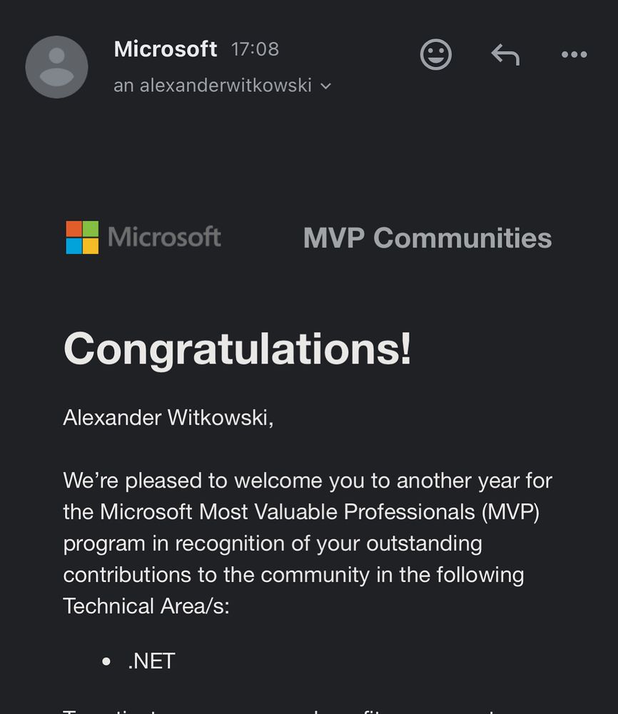 Congratulations mail from Microsoft saying Alexander Witkowski is awarded as Most Valuable Professional- MVP - for .NET 